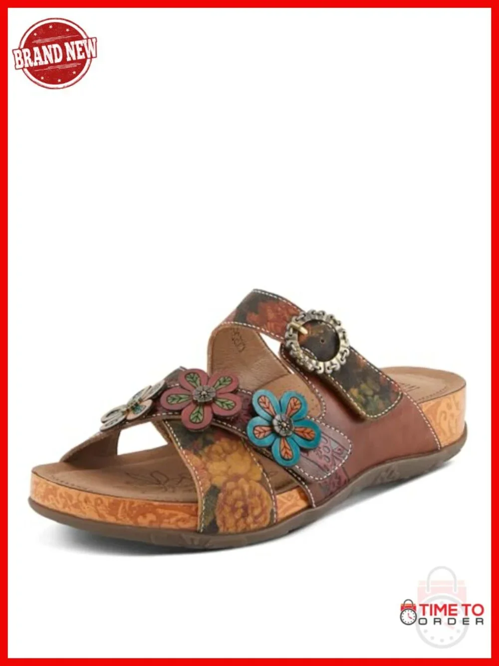 Leather Slide Sandals with Floral Embellishments